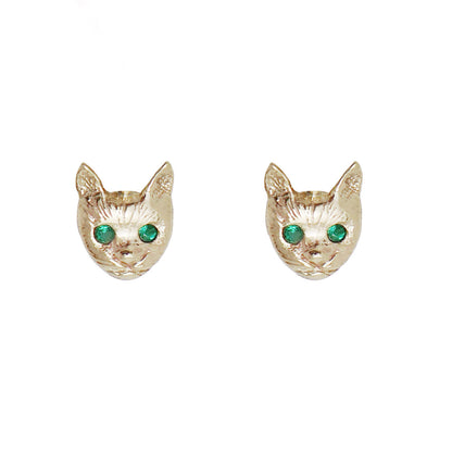 Cat Face Earrings - 9ct Gold - Emerald