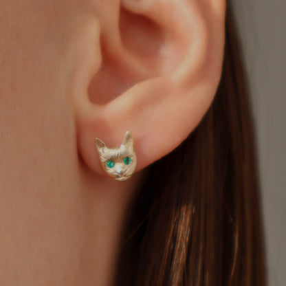 Cat Face Earrings - 9ct Gold - Emerald