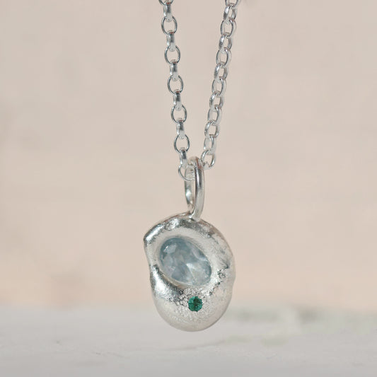 Molten Pendant  - Silver - Light Blue Spinel with Emerald