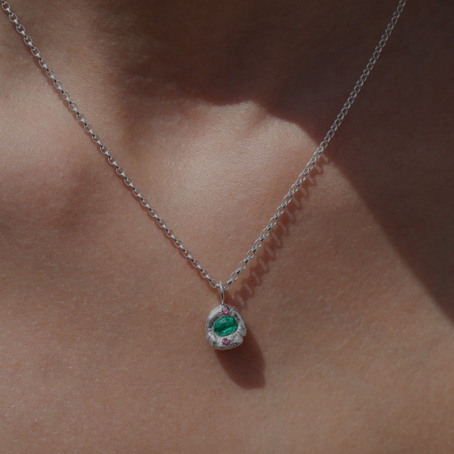 Molten Pendant  - Silver - Emerald with Pink Tourmalines