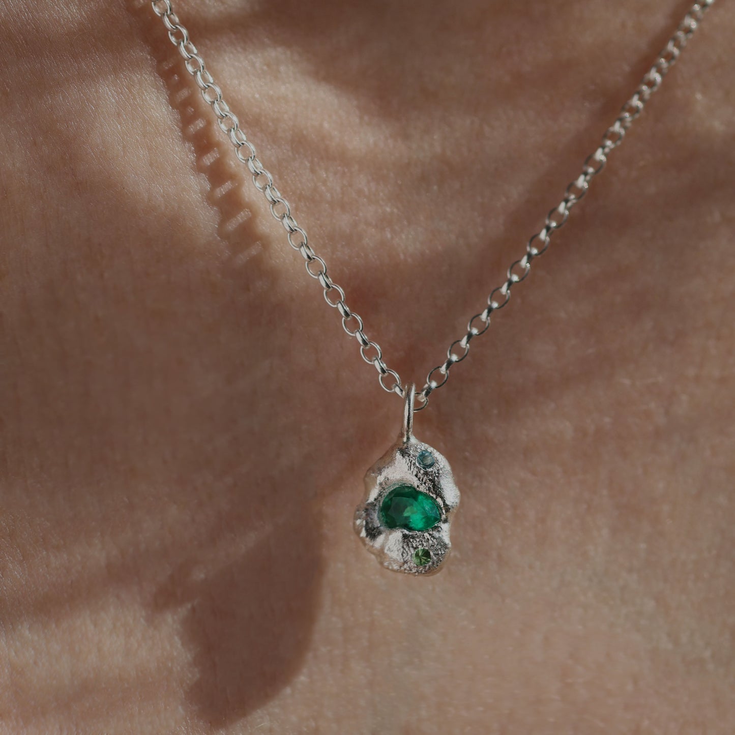Molten Pendant  - Silver - Pear Emerald with Blue Topaz and Tsavorite Garnet