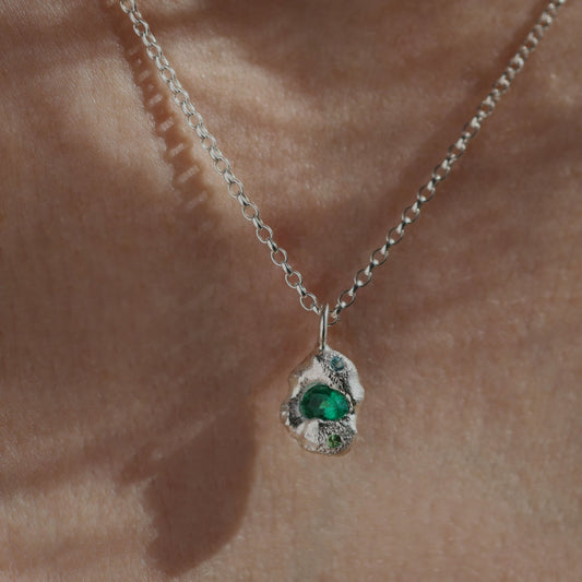 Molten Pendant  - Silver - Pear Emerald with Blue Topaz and Tsavorite Garnet