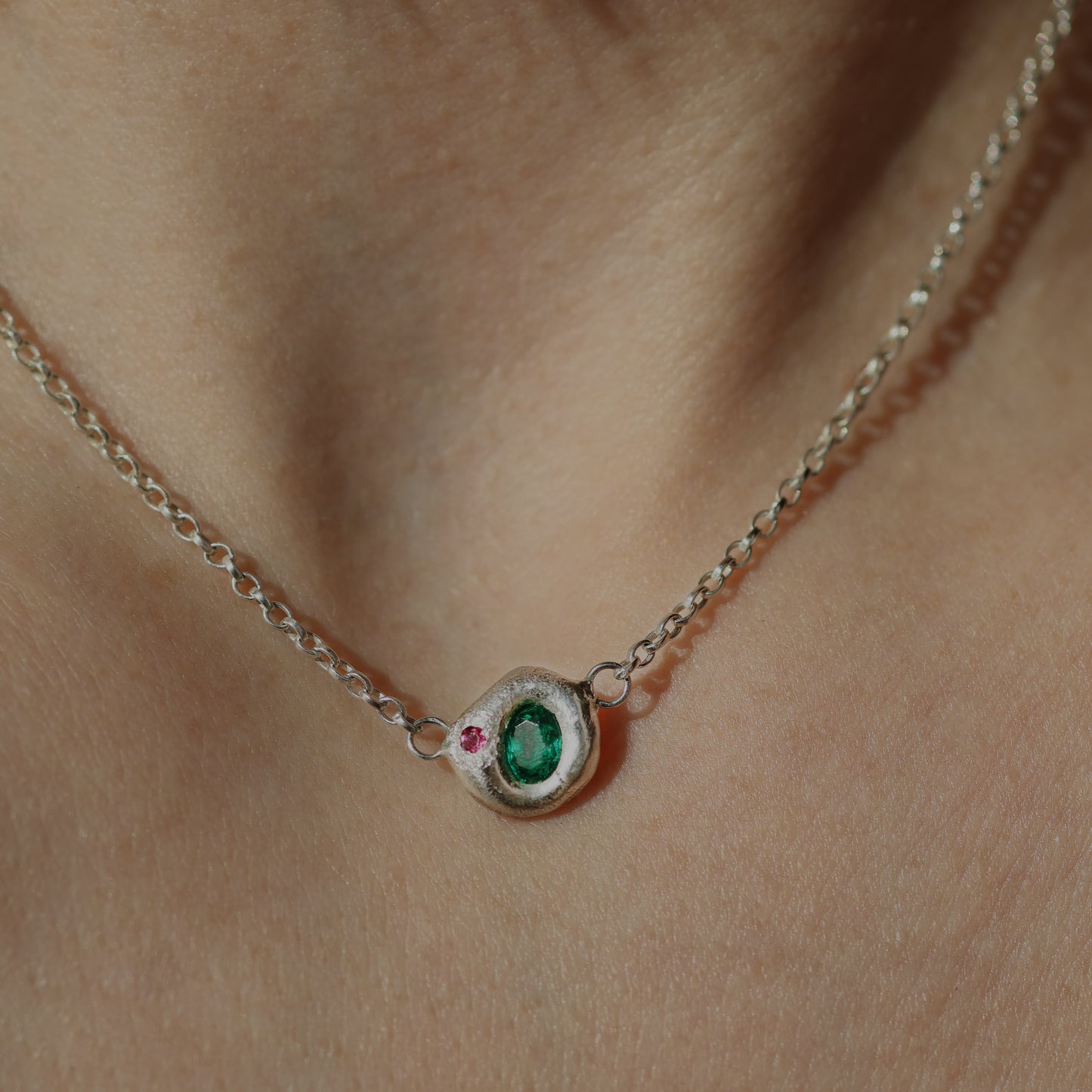 Molten Necklace  - Silver - Oval Emerald with Rubellite
