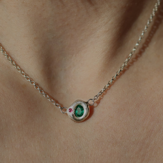 Molten Necklace  - Silver - Oval Emerald with Rubellite