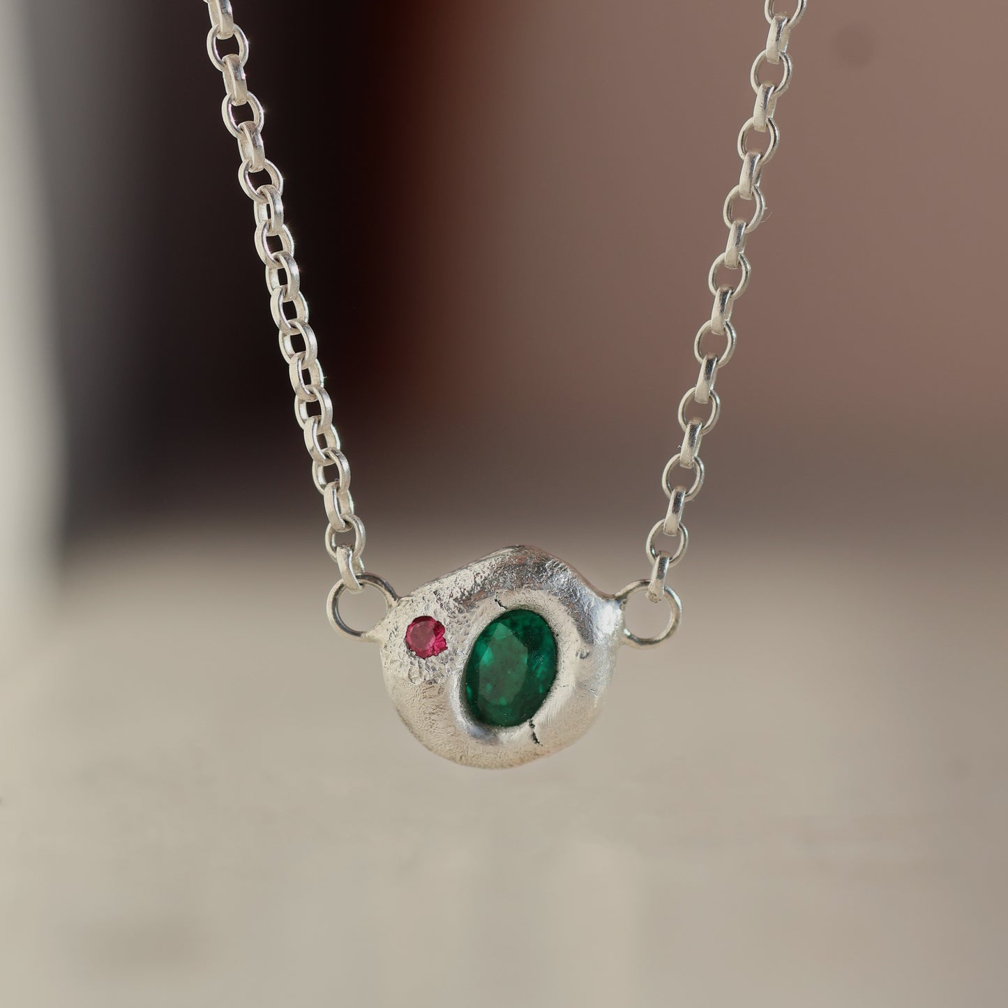 Molten Necklace  - Silver - Oval Emerald with Rubellite