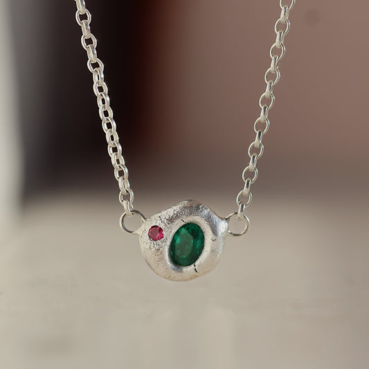 Molten Necklace  - Silver - Oval Emerald with Rubellite