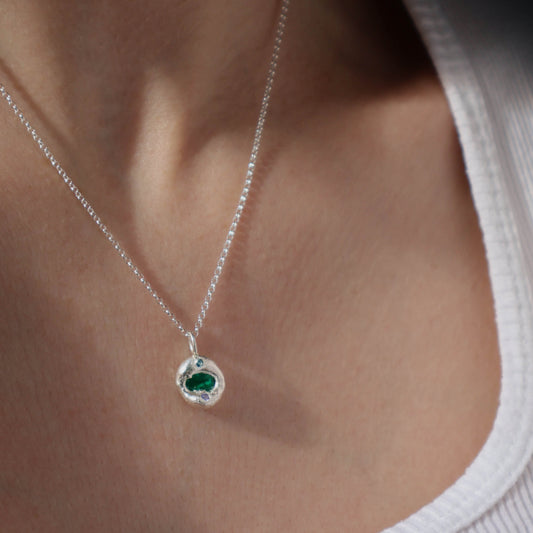 Molten Pendant  - Silver - Oval Emerald with Topaz and Tanzanite