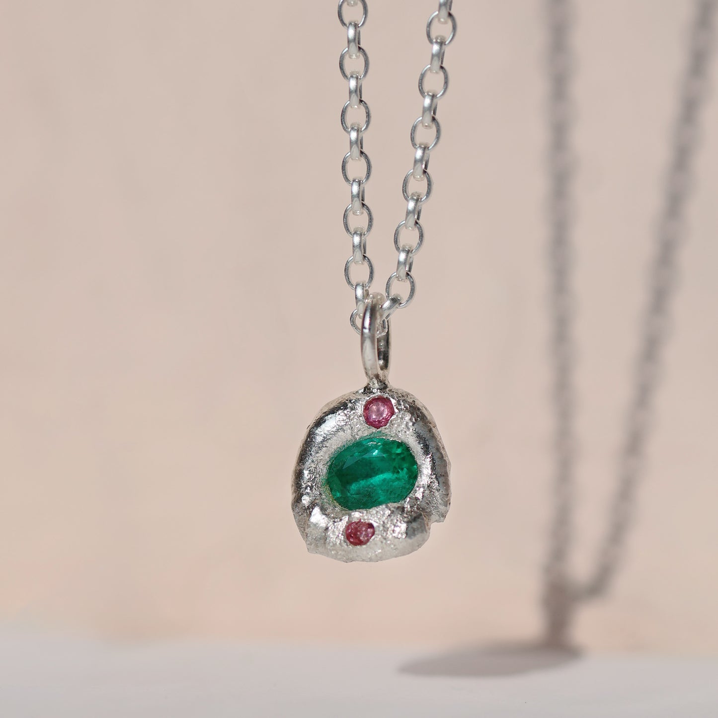 Molten Pendant  - Silver - Emerald with Pink Tourmalines