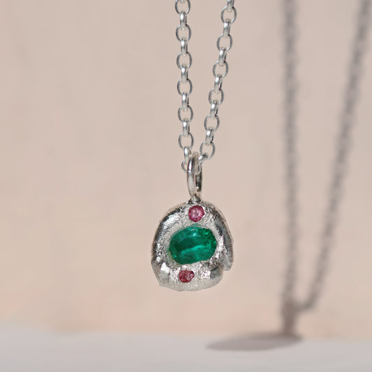 Molten Pendant  - Silver - Emerald with Pink Tourmalines