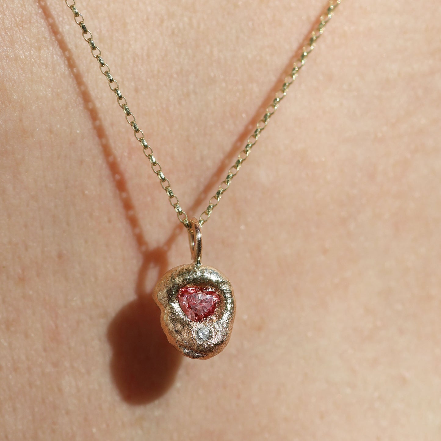 Molten Pendant  - 9ct Gold - Pink Heart Diamond with Smaller Diamond