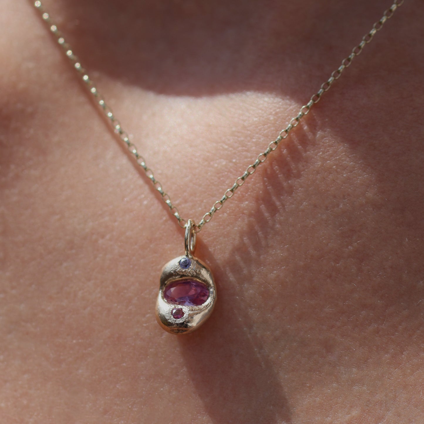 Molten Pendant  - 9ct Gold - Oval Pink Sapphire with Tanzanite and Tourmaline