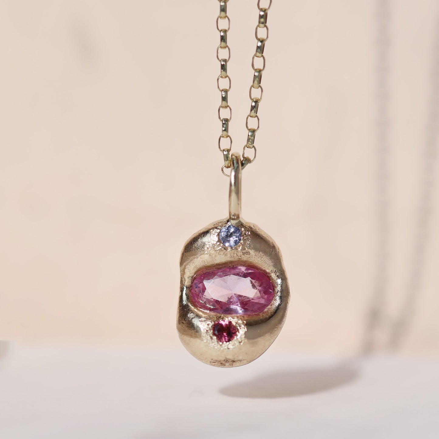 Molten Pendant  - 9ct Gold - Oval Pink Sapphire with Tanzanite and Tourmaline