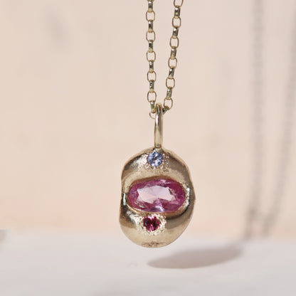 Molten Pendant  - 9ct Gold - Oval Pink Sapphire with Tanzanite and Tourmaline