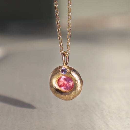 Molten Pendant  - 9ct Gold - Oval Pink Sapphire with Tanzanite