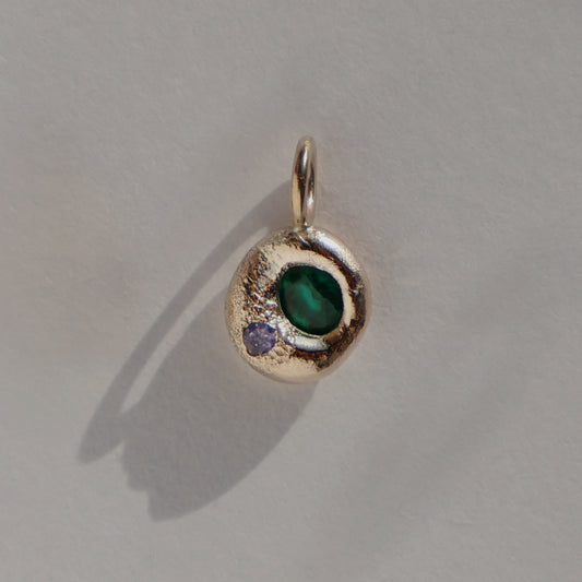 Molten Pendant  - 9ct Gold - Round Emerald with Tanzanite - No Chain