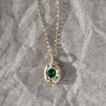 Molten Pendant  - 9ct Gold - Round Emerald with Topaz