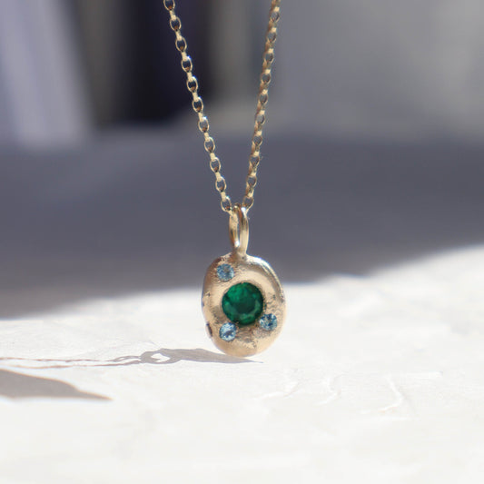 Molten Pendant  - 9ct Gold - Round Emerald with Topaz