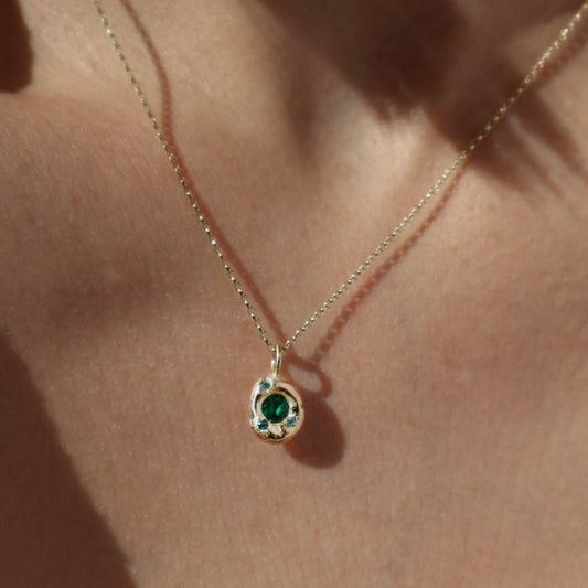 Molten Pendant  - 9ct Gold - Round Emerald with Topaz