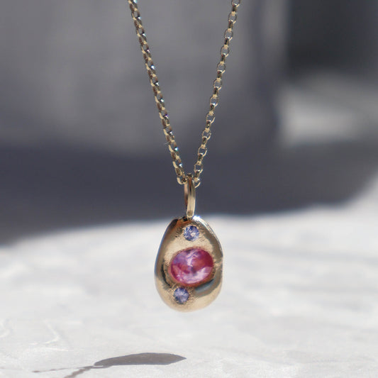 Molten Pendant  - 9ct Gold - Oval Pink Sapphire with Tanzanite