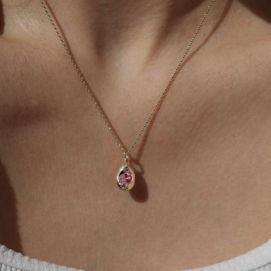 Molten Pendant  - 9ct Gold - Oval Pink Sapphire with Tanzanite