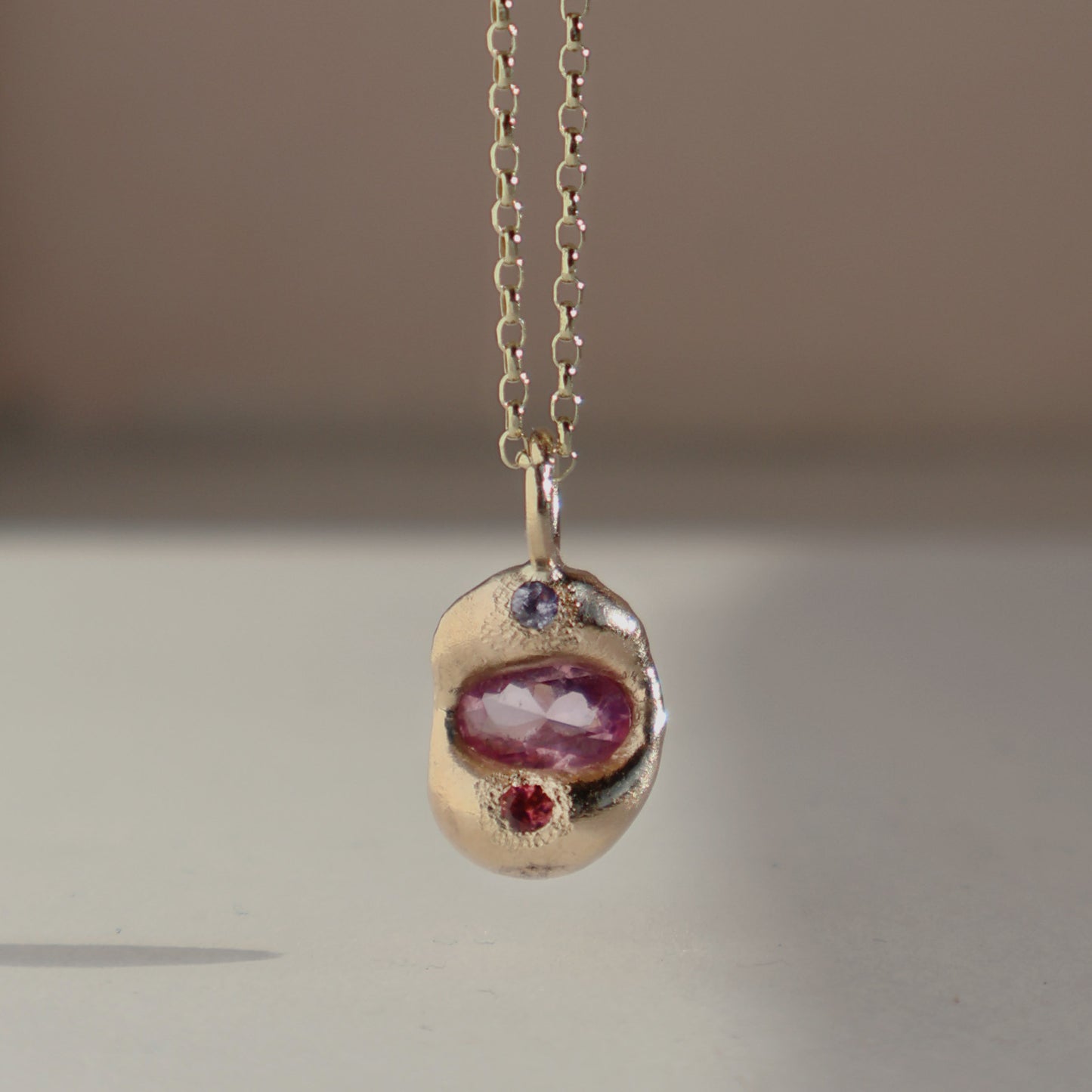 Molten Pendant  - 9ct Gold - Oval Pink Sapphire with Tanzanite and Tourmaline