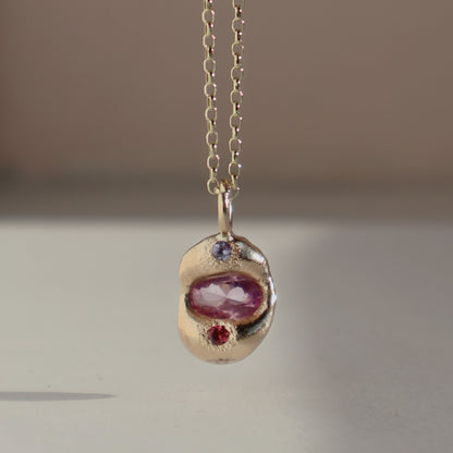 Molten Pendant  - 9ct Gold - Oval Pink Sapphire with Tanzanite and Tourmaline