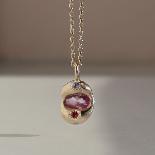 Molten Pendant  - 9ct Gold - Oval Pink Sapphire with Tanzanite and Tourmaline