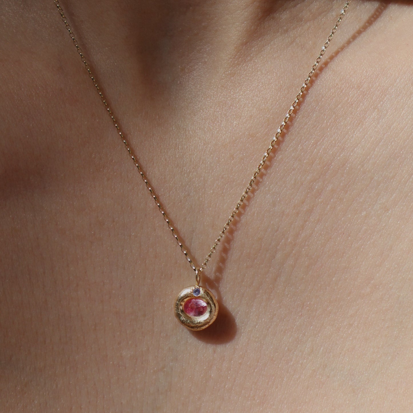 Molten Pendant  - 9ct Gold - Oval Pink Sapphire with Tanzanite