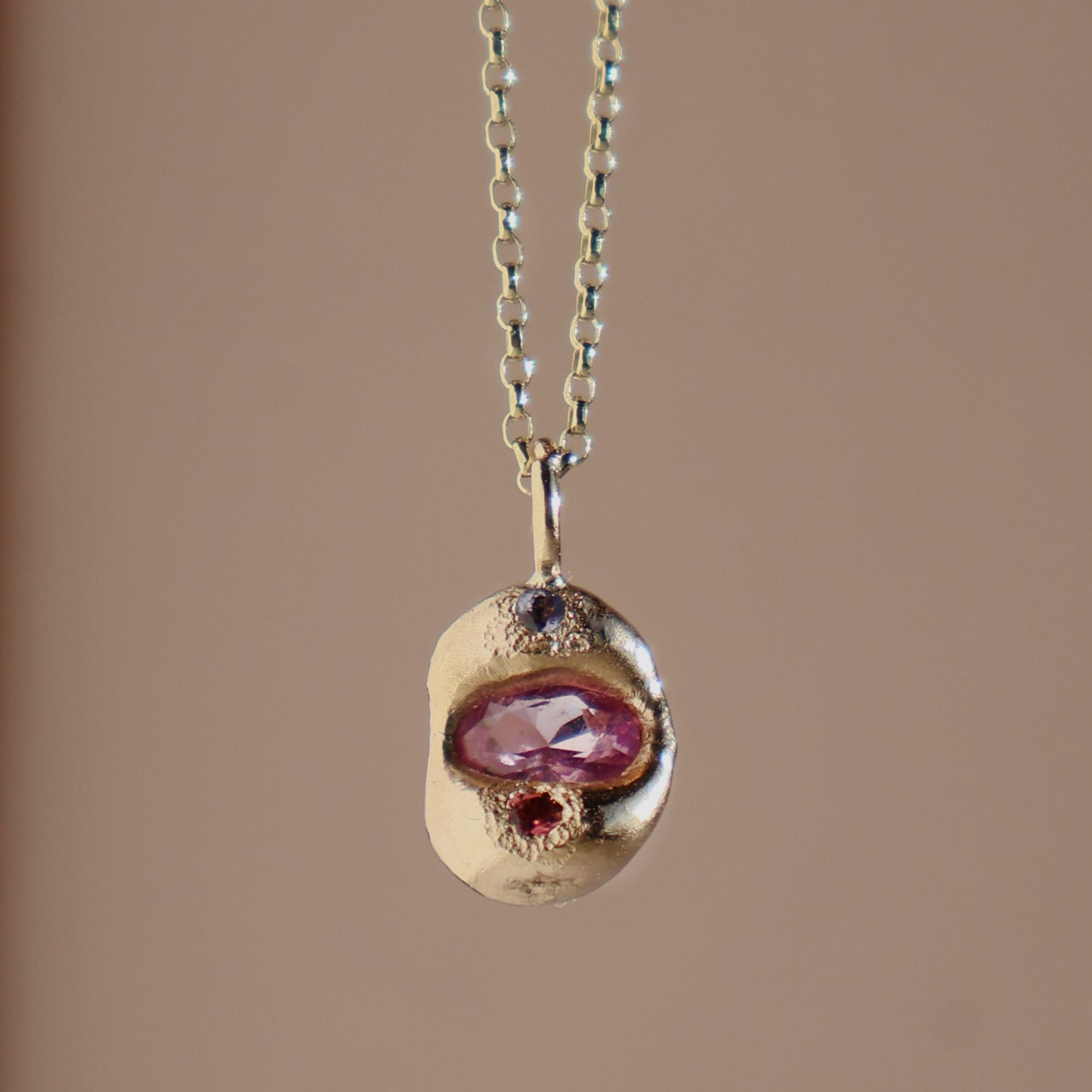 Molten Pendant  - 9ct Gold - Oval Pink Sapphire with Tanzanite and Tourmaline