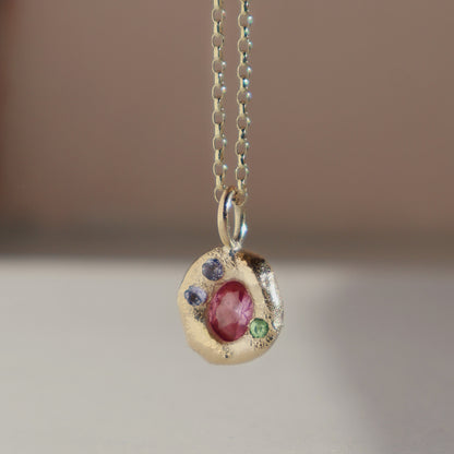 Molten Pendant  - 9ct Gold - Oval Pink Sapphire with Tanzanites and Tsavorite