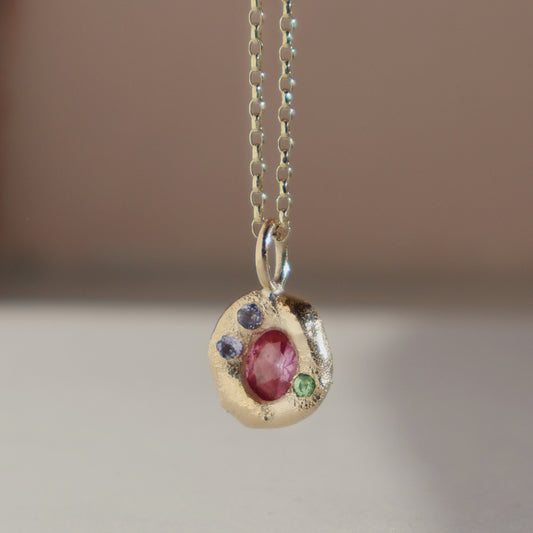 Molten Pendant  - 9ct Gold - Oval Pink Sapphire with Tanzanites and Tsavorite