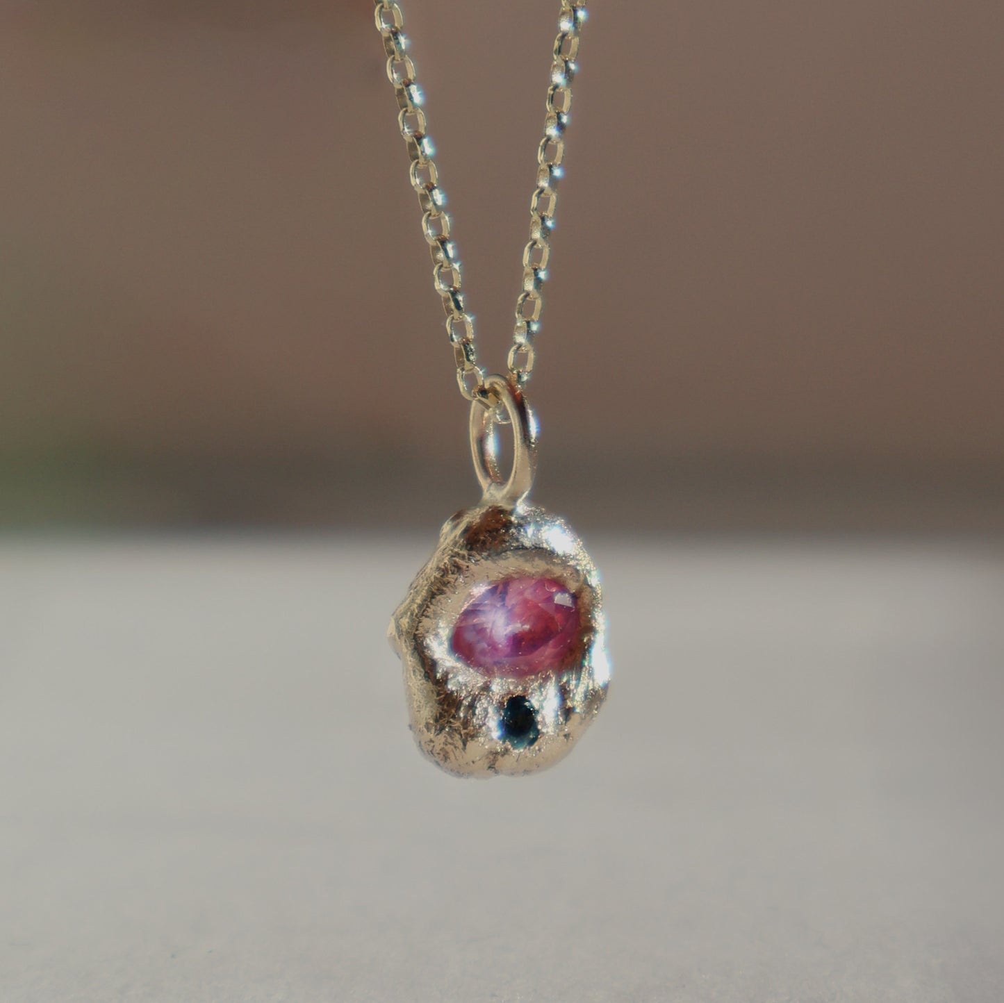 Molten Pendant  - 9ct Gold - Oval Pink Sapphire with Topaz