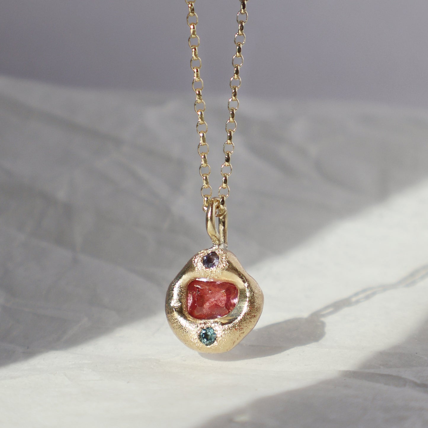 Molten Pendant  - 9ct Gold - Oval Pink Sapphire with Tanzanite and Topaz