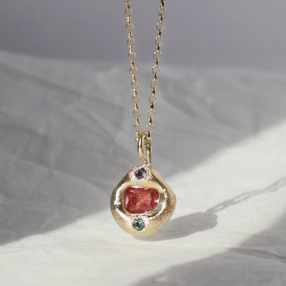 Molten Pendant  - 9ct Gold - Oval Pink Sapphire with Tanzanite and Topaz