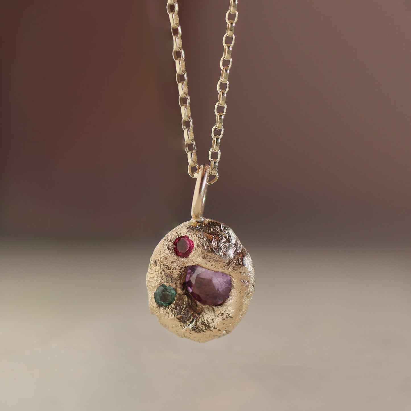 Molten Pendant  - 9ct Gold - Round Purple Sapphire with Alexandrite and Rubellite