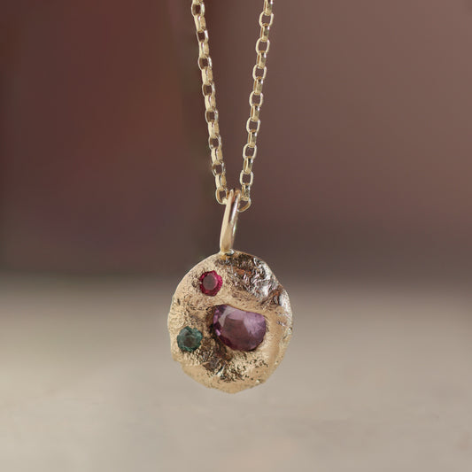 Molten Pendant  - 9ct Gold - Round Purple Sapphire with Alexandrite and Rubellite
