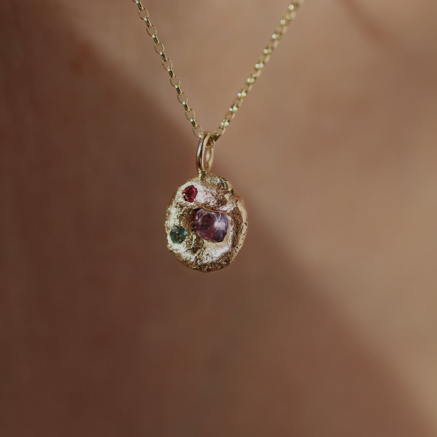 Molten Pendant  - 9ct Gold - Round Purple Sapphire with Alexandrite and Rubellite