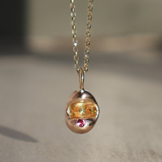 Molten Pendant  - 9ct Gold - Oval Yellow Sapphire with Pink Tourmaline