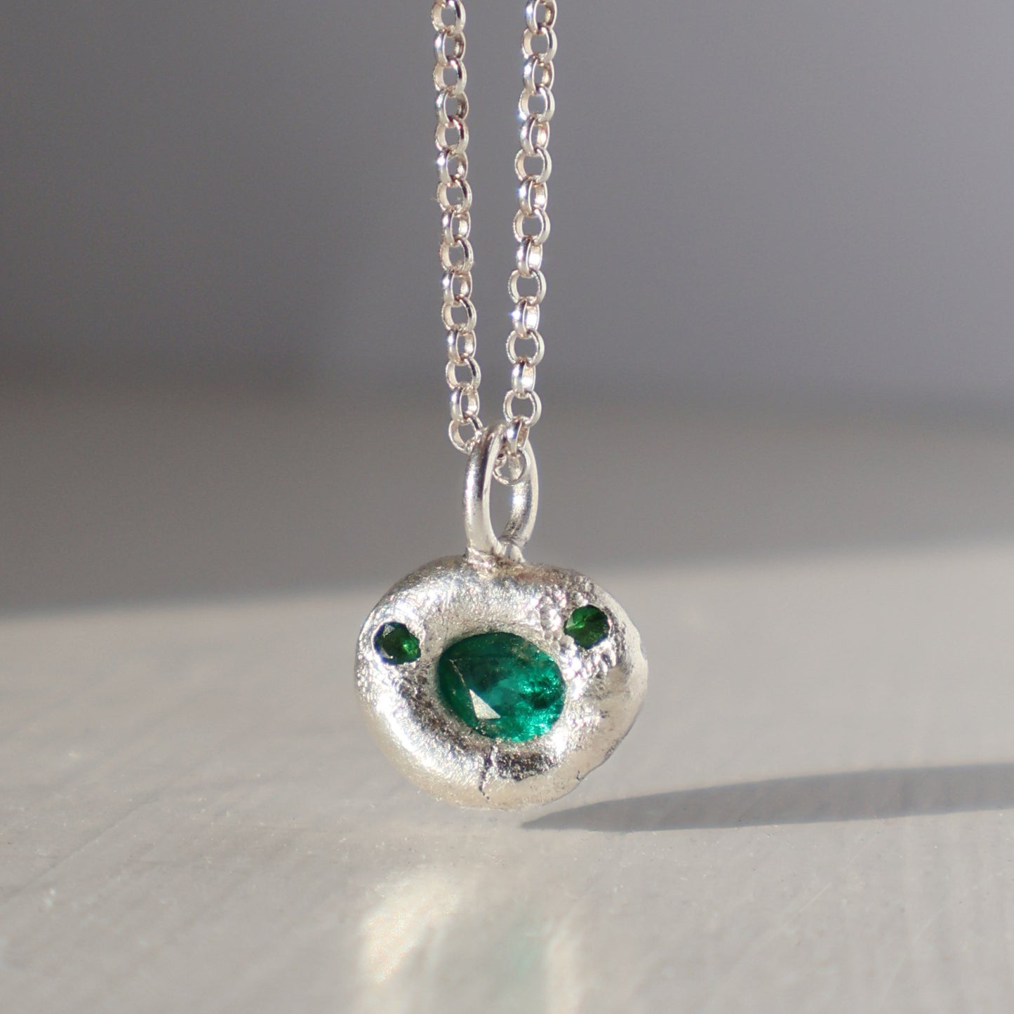 Molten Pendant  - Silver - Pear Emerald with Tsavorite Garnets