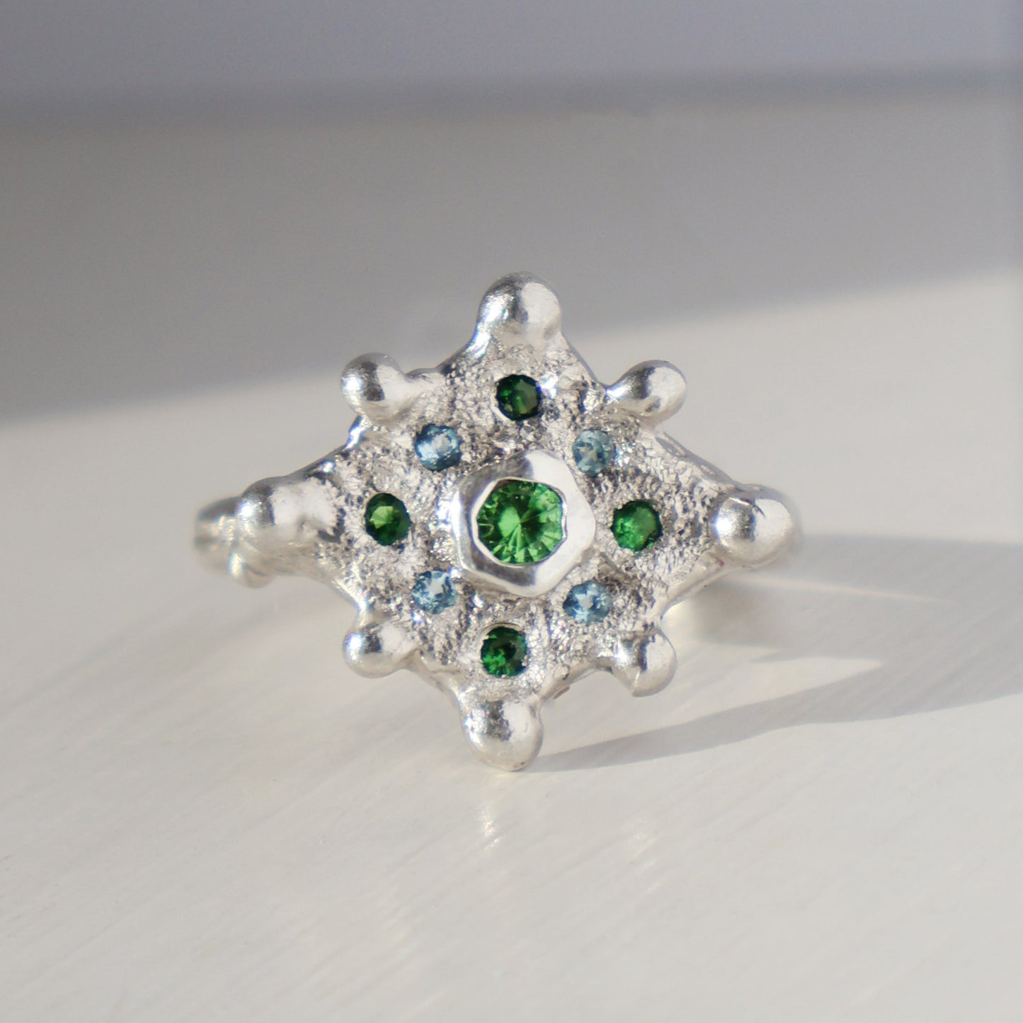 Solstice Ring  - Silver - Tsavorite Garnet and Blue Topaz - Size N - O (US size 7 - 7 1/2)