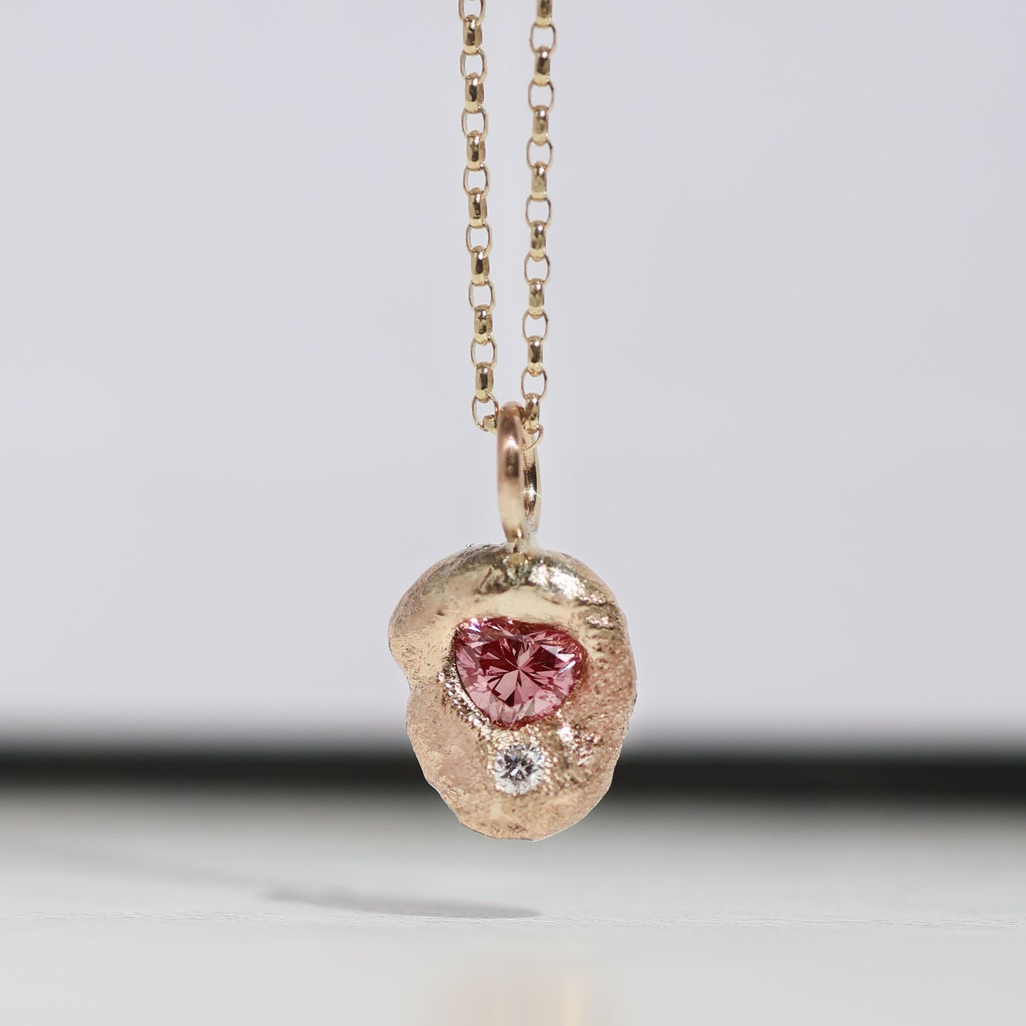 Molten Pendant  - 9ct Gold - Pink Heart Diamond with Smaller Diamond
