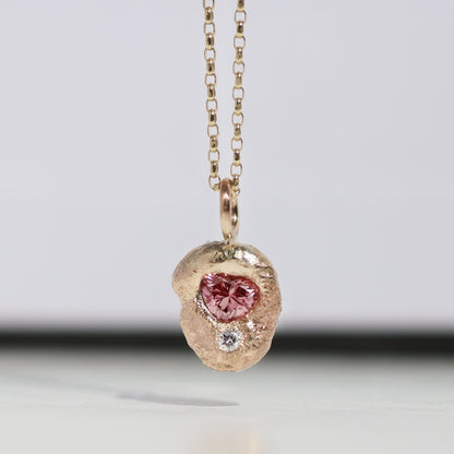 Molten Pendant  - 9ct Gold - Pink Heart Diamond with Smaller Diamond