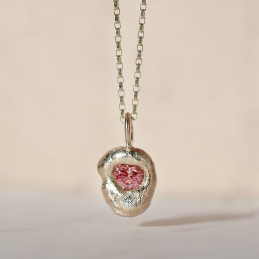 Molten Pendant  - 9ct Gold - Pink Heart Diamond with Smaller Diamond
