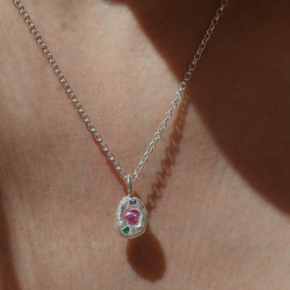 Molten Pendant  - Silver - Pink Heart Sapphire with Tanzanite and Emerald