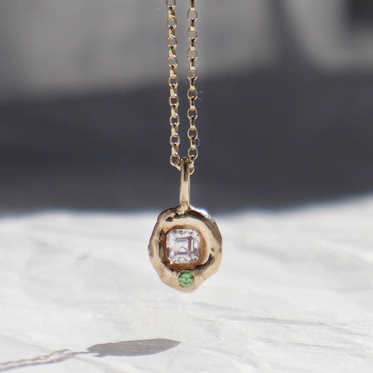 Molten Pendant  - 9ct Gold - Moissanite and Tsavorite Garnet