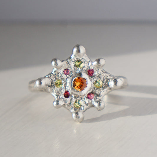 Solstice Ring  - Silver - Orange Sapphire, Yellow Sapphire and Pink Tourmaline - Size Q - R  (US size 8 - 8 1/2)
