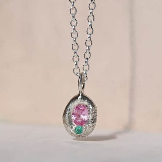 Molten Pendant  - Silver - Oval Pink Sapphire and Emerald