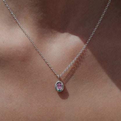Molten Pendant  - Silver - Oval Pink Sapphire and Emerald