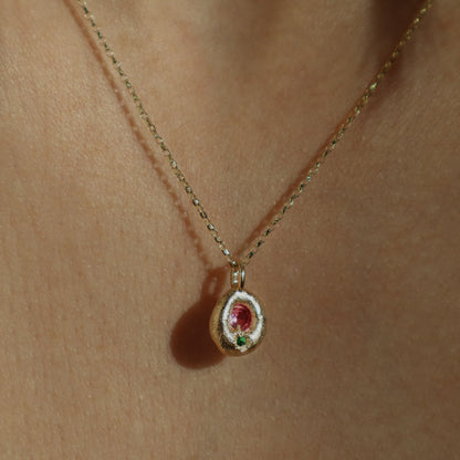 Molten Pendant  - 9ct Gold - Round Pink Sapphire with Emerald