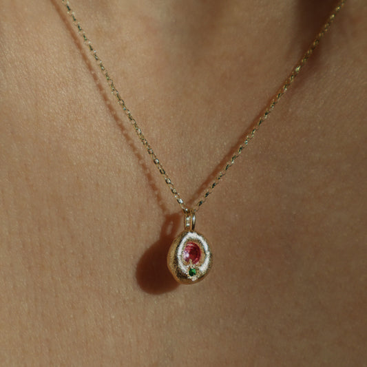 Molten Pendant  - 9ct Gold - Round Pink Sapphire with Emerald